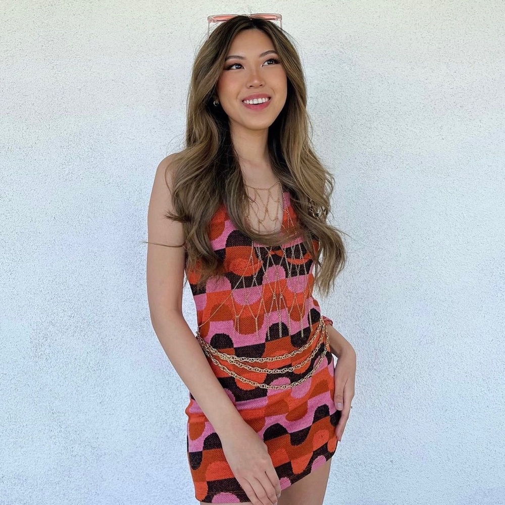 Motel Rocks Abstract Pink Pattern Halter Dress (S)